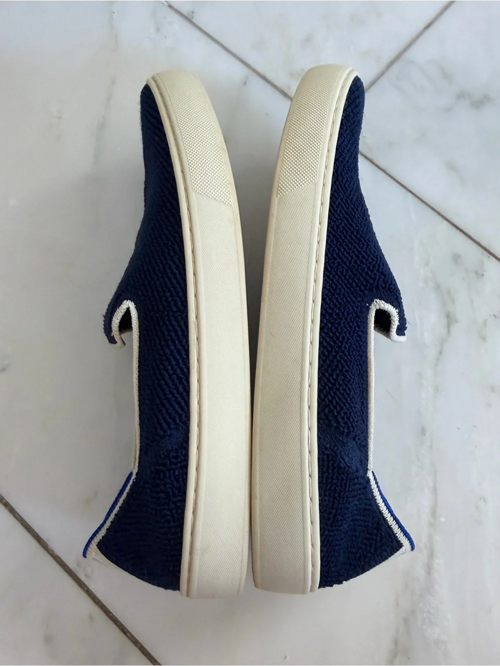 Rothy’s Women’s 9 Navy Blue Knit Flat Loafers with mint accents off white soles